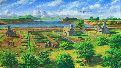 Painted view of Providence, RI from College Hill, looking west; center view of cove in background with houses, house lots, and fruit trees in forefront; large flat area to far right and large hill in upper left with road that runs across the middle ground.